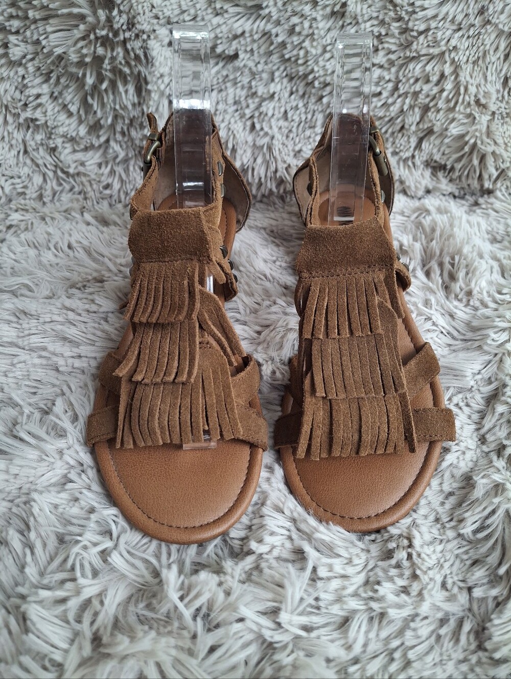 Minnetonka Merriam Brown Suede Fringe Wedge Sandals Size 6